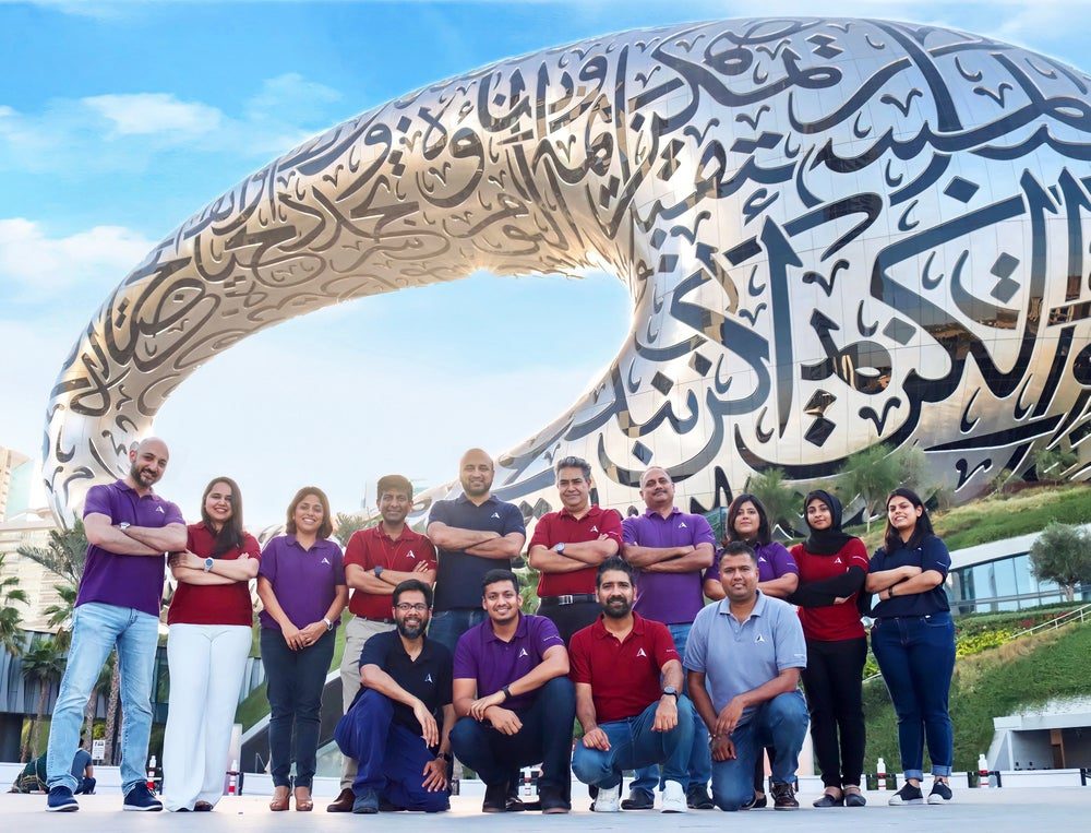 Image of NorthLadder team standing in front of the Museum of the Future in Dubai. The team appears unified and focused, with the impressive building in the background.