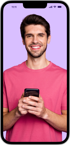 Image of man smiling on a purple screen on a phone