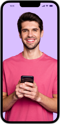 Man smiling on a purple screen on a phone